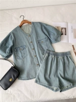 Ретро джинсовый комплект, французский стиль, V-образный вырез, свободный крой, короткий рукав