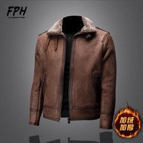 Mens leather clothing plus suede thickened 2021 new locomotive leather jacket Trend handsome airfur integrated male coat winter