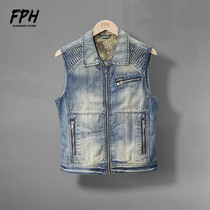 FPH Korean fashion casual tooling denim vest sleeveless vest outdoor locomotive Joker slim multi-pocket tide