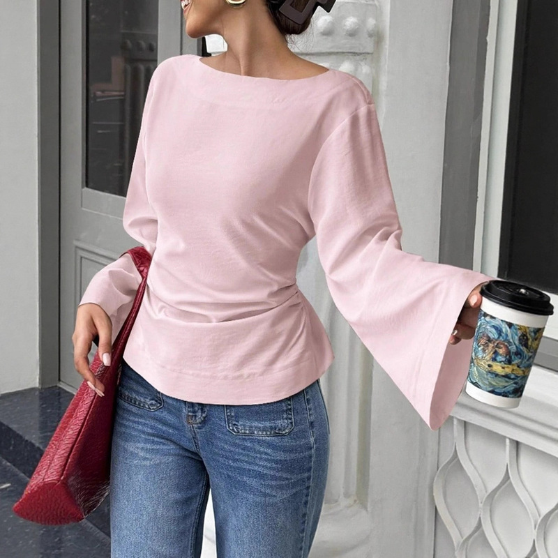 Cross-Border Aliexpress Wish Amazon European and American Style Solid Color Tie-Back Flared Sleeve Shirt T-Shirt Long Sleeve Waist-Cinching Type