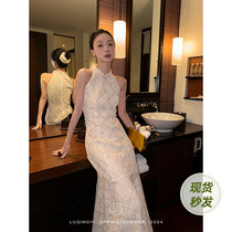 Egret Ching An original (Ruyi banquet) Lace Pearl Film One-piece Dress Woman Summer Chinese Collar Superior Sense Qipao Dress