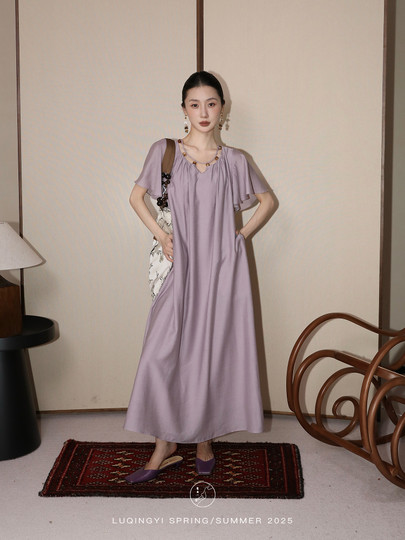 Lu Qingyi's Original [Rosary] French-Style Exquisite Acetate Dress, Summer Design with Ruffle Sleeves, Loose A-Line Skirt