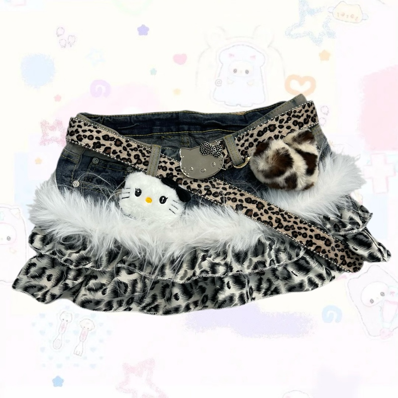 Y2K Vintage Hot Girl Low-Waisted Leopard Print Kt Cute Millennium Handmade Patchwork Cake Short Skirt Winter Y2K Vintage Hot Girl Low-Waisted Leopard Print Kt Cute Millennium Handmade Patchwork Cake Short Skirt Winter