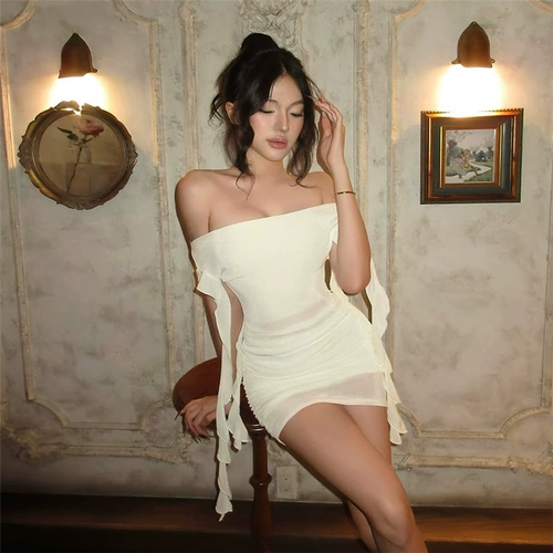 KLIOU Платье на одно плечо с лентой и атмосферой чистого страсти для женщин, плиссированная обтягивающая шикарная юбка в стиле ретро с нишей, облегающая бедра