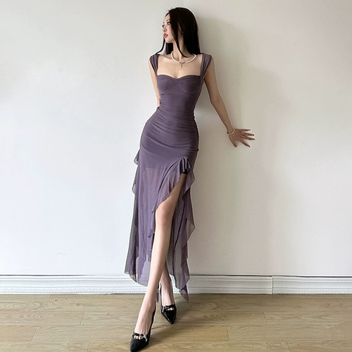 KLIOU Чисто сексуальное женское лоскутное платье с рюшами в стиле горячей девушки, утягивающая талия и длинная юбка с высоким разрезом