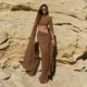 KLIOU hot girl resort style retro caramel brown long-sleeved T-shirt pleated slimming high-waisted skirt two-piece trendy set