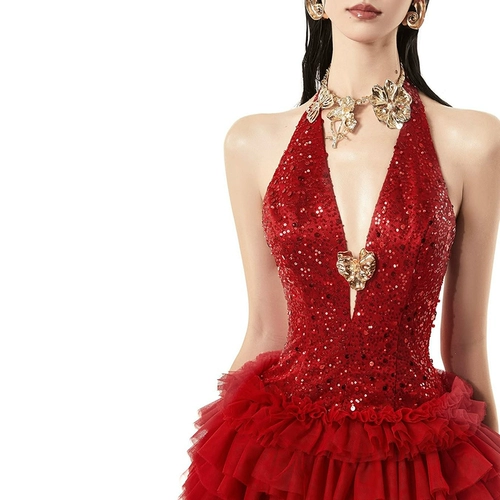 KLIOU Атмосферное ретро платье, блестки для ногтей, юбка, V-образный вырез, по фигуре, из фатина