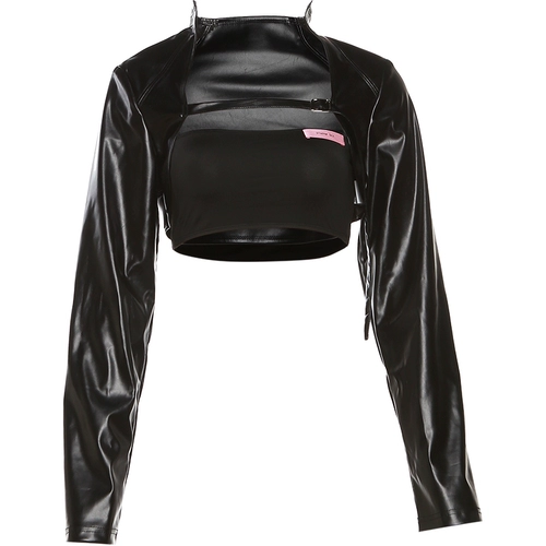 Черный бюстгальтер-топ, полиуретановая майка топ, куртка, высокая талия