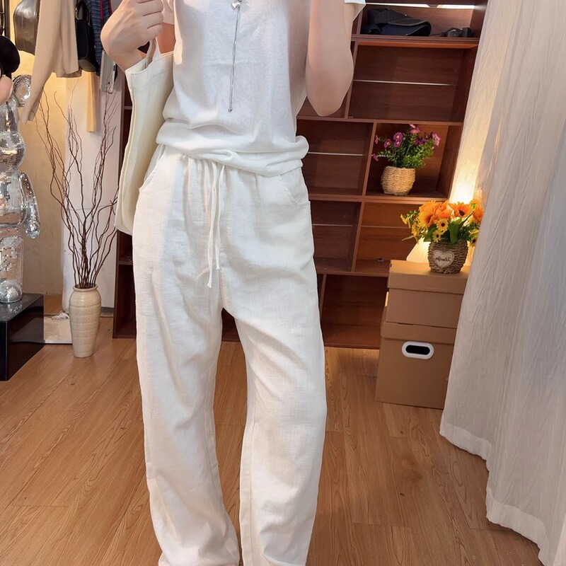 【White and Elegant ~ the Aura of a Rich Lady】Nami Straight-Leg Old Money Style Casual Ramie Pants for Women, Versatile for Summer