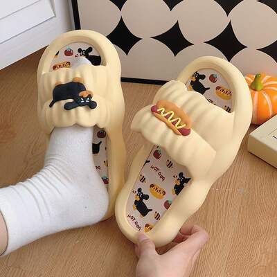 Women's summer outerwear cartoon hot dogs internet-famous couple soft-soled home anti-slip indoor cool slippers holiday