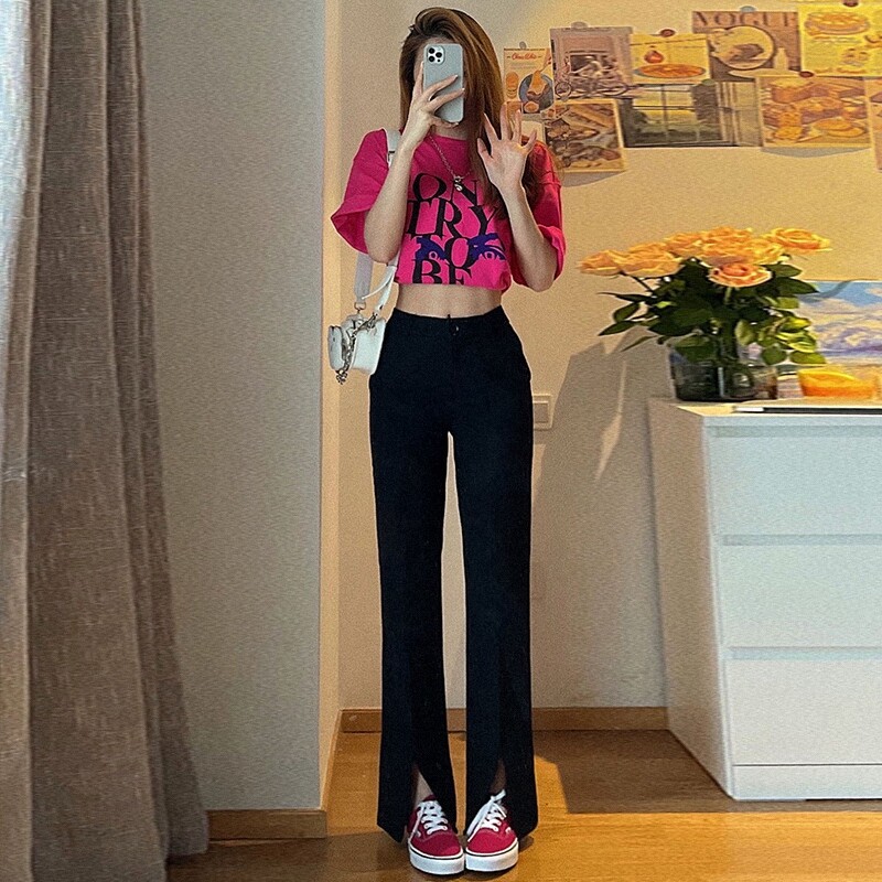 Rose red T-shirt black split pants two-piece set net red salt fried street can salt can sweet casual fashion suit