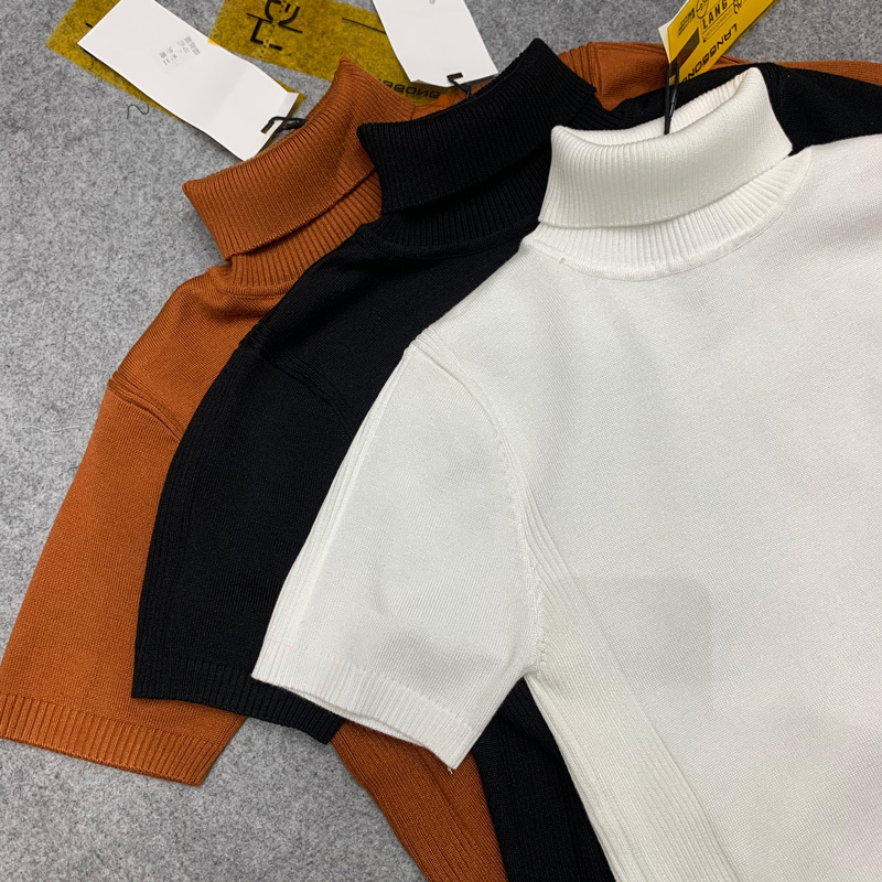 Winter Turtleneck Short-Sleeved Sweater for Young Men, Solid Color Trendy Slim-Fit Men's Knitted Half-Sleeve Knitwear Sweater