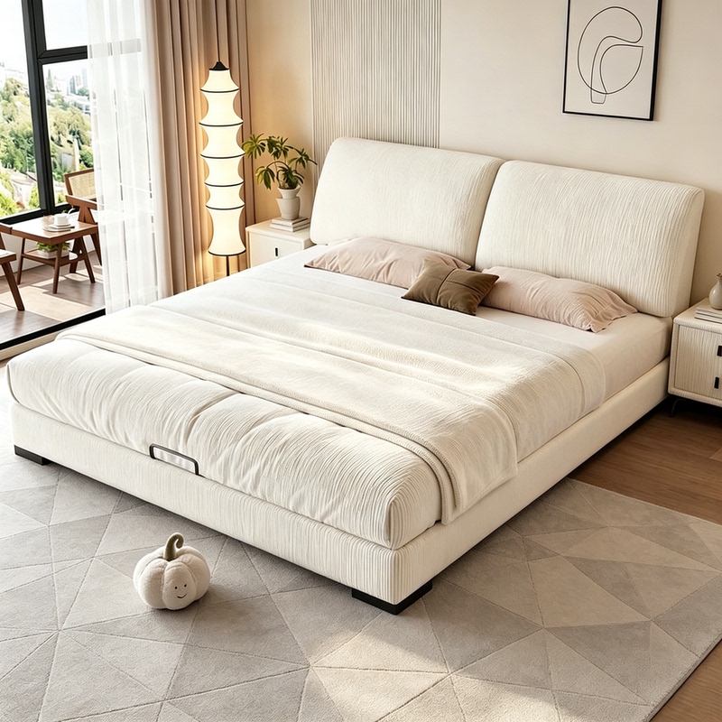 Cream Chenille Elephant Ear Bed for Master Bedroom, 1.8m Double Queen-Size Soft-Upholstered Storage Wedding Bed, 2026 New Model Cream Chenille Elephant Ear Bed for Master Bedroom, 1.8m Double Queen-Size Soft-Upholstered Storage Wedding Bed, 2026 New Model