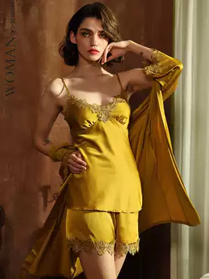 WOMEN SECRET satin nightgown silk pajamas WOMEN's four-piece set with chest pad suspenders