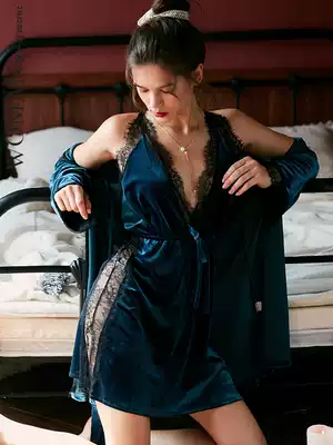 WOMEN SECRET golden velvet pajamas autumn and winter plus velvet sexy coral velvet silk nightgown can be worn in home clothes