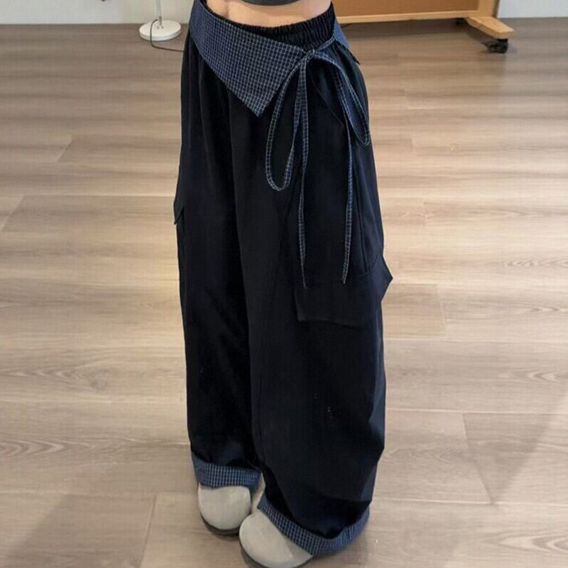 Navy Blue Plaid Cargo Pants for Women, Spring 2026 New Style, Loose Fit, Bf Lazy Style, High-Waisted, Narrow Version, Scimitar Pants Navy Blue Plaid Cargo Pants for Women, Spring 2026 New Style, Loose Fit, Bf Lazy Style, High-Waisted, Narrow Version, Scimitar Pants