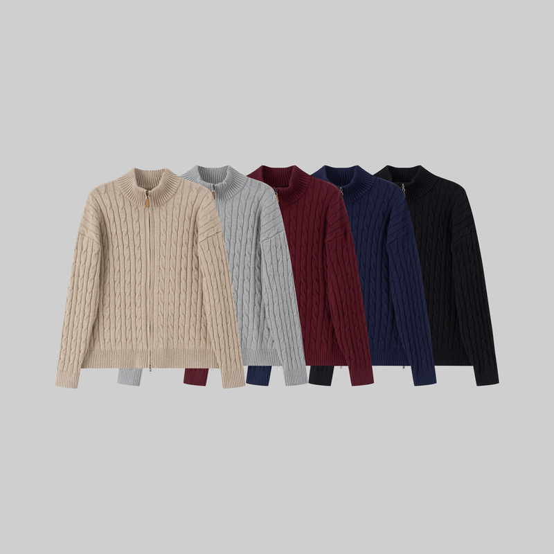 Cat and Mouse 25Aw Cable Knit Leather Label Twisted Rope Soft Faux Cashmere Skin-Friendly Double Zipper Sweater in a Ruff Style