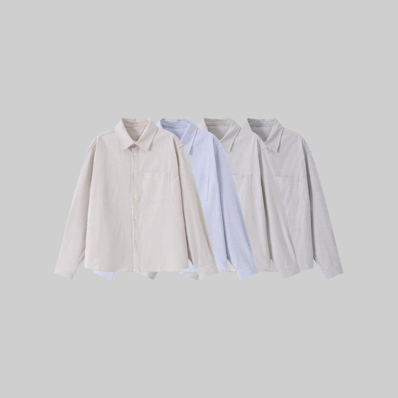 Cat and Mouse 25Aw Striped Long-Sleeve Shirt, Short and Loose, Boxy, for Daily Commute, Casual, Lazy, Cleanfit