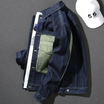 Color-blocking motorcycle clothing autumn and winter new plus fat trendy jacket large size fat man loose tooling denim jacket mens clothing