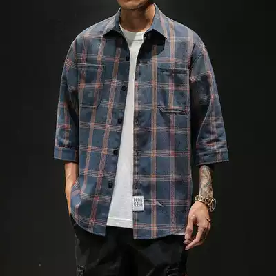 Fat Japanese tide brand plaid shirt men's three-point sleeve large size loose Korean version of student casual short-sleeved inch shirt
