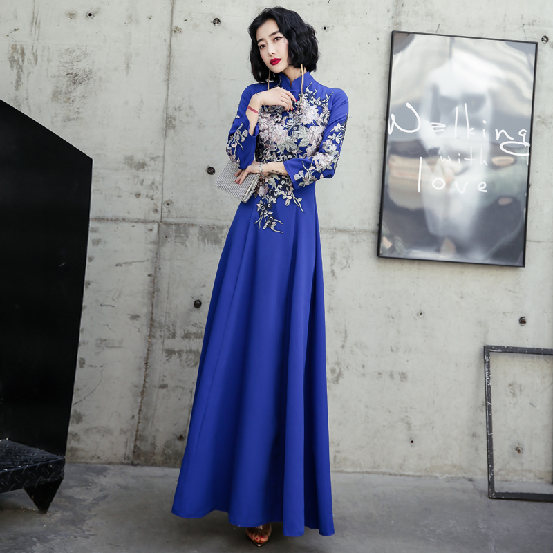 Banquet Evening Dress for Women 2025 New Style Hostess Chinese Qipao Long Style Chinese Style Etiquette Lady Annual Meeting Long Sleeve