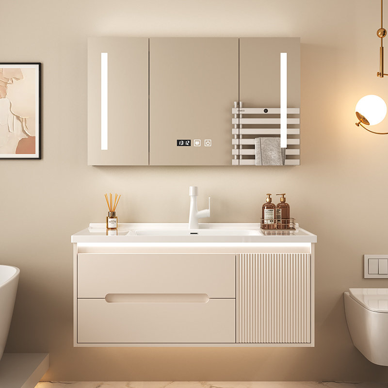 Modern Smart Cream-Style Bathroom Cabinet Combination with Skin-Friendly Ceramic Integrated Washbasin for Bathroom Washing and Face Washing