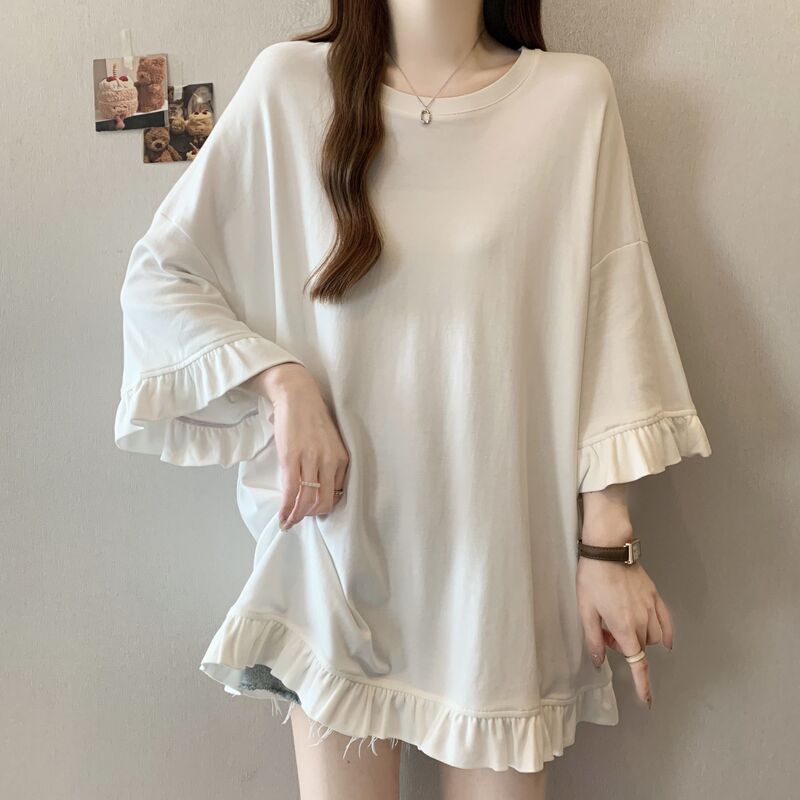 Solid Color Plus-Size T-Shirt with Ruffled Cuffs and Hem, 2025 Summer New Style, Loose Fit, Slimming, Three-Quarter Sleeves