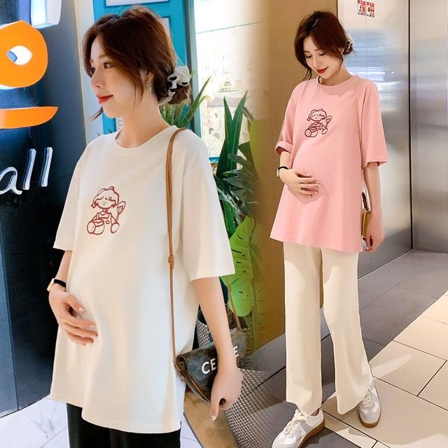 Pregnant women's summer suit Summer Summer Summer Fashion Short sleeve cotton pregnant woman t-shirt coat Two pieces of leisure sports suit summer