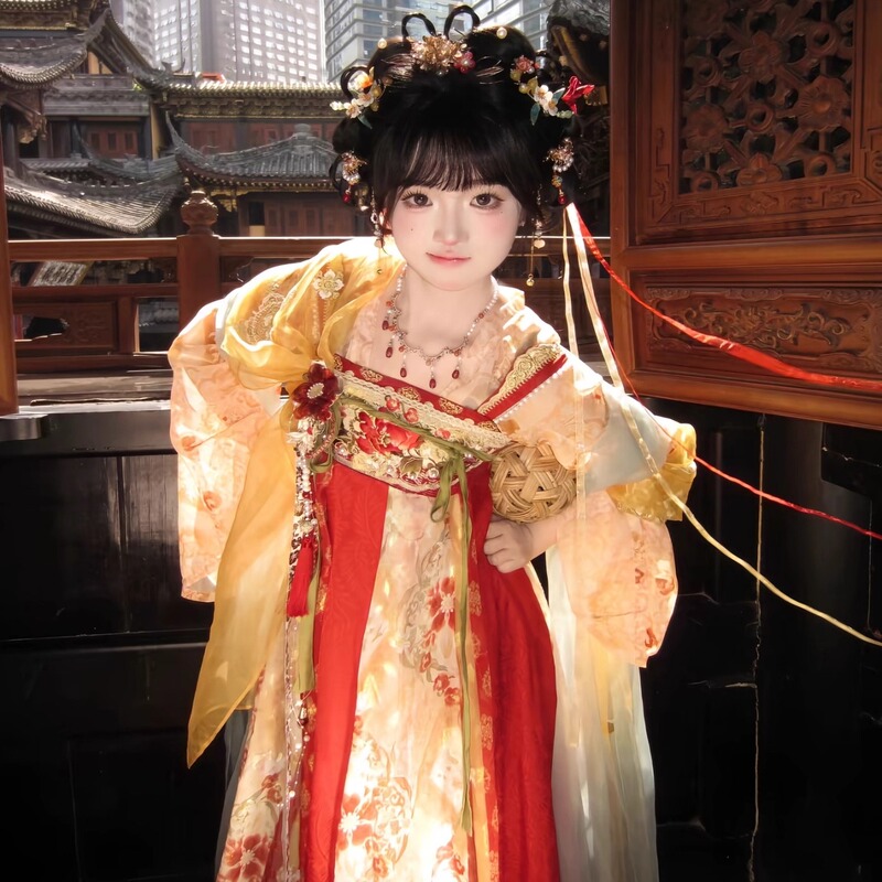 Tang Dynasty-Style Hanfu [Fire Trees and Silver Flowers] Heavy Embroidery Chest-Length Skirt Printed Double-Breasted Shirt with Shawl Fairy-Like Daily Outfit