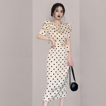 HiSunday Acetate Satin Dress Polka Dot Hepburn French Puff Sleeves Slim Fit Summer Dress