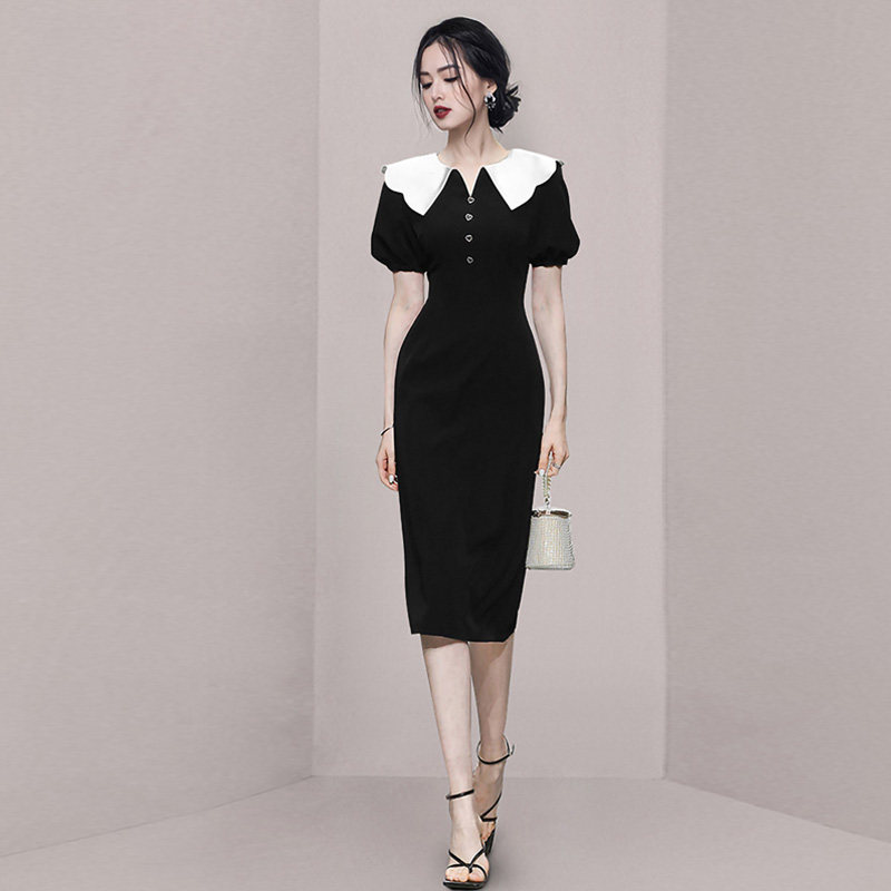 HiSunday puff sleeve French temperament slim contrast color doll collar little black dress Hepburn style jumpsuit qun