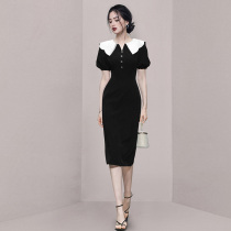 HiSunday puff sleeves French temperament slim contrast color doll collar little black dress Hepburn style jumpsuit qun