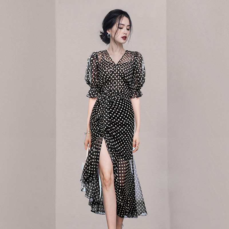 HiSunday summer Hepburn style black polka dot female Xia is thin high-end sexy slit irregular long qun