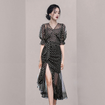 HiSunday summer Hepburn style black polka dot female Xia is thin high-end sexy slit irregular long qun