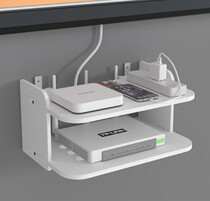 Set of placing routers on the suspended TV cabinet stand-line plugging top box containing invisible hanging wall wifi box