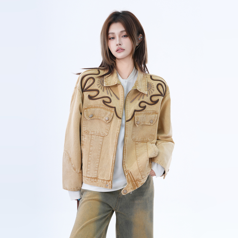 Small Ball American Retro Barn Style Lapel Embroidered Denim Jacket Women's Loose Workwear Jacket Trendy Top