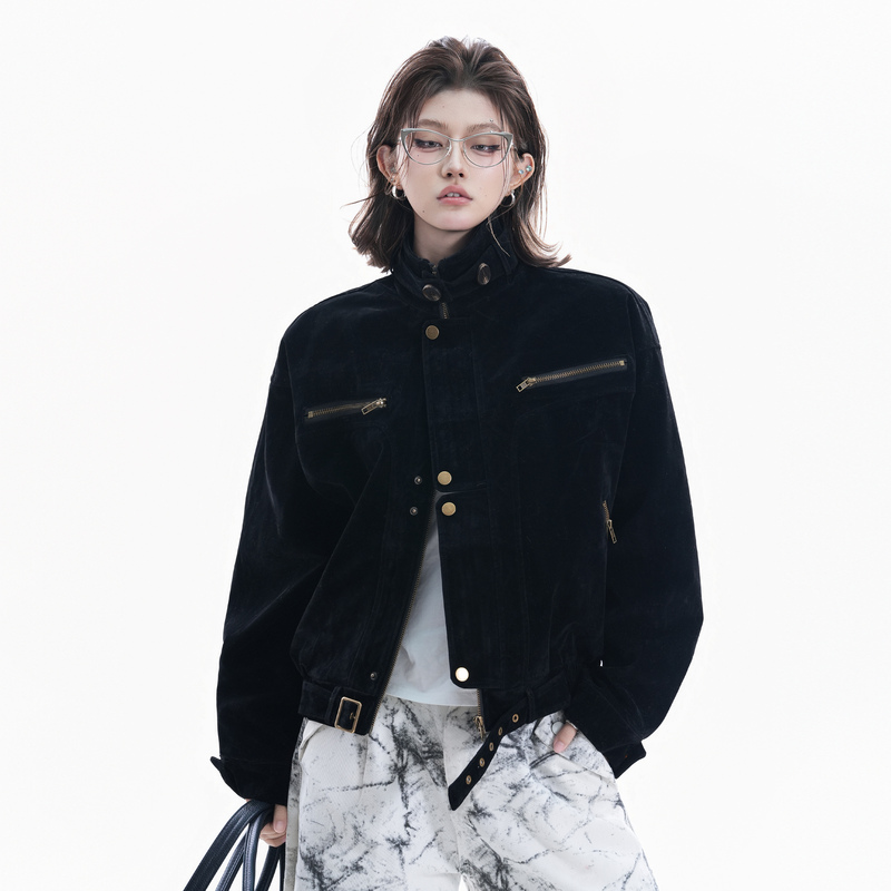 Small Suede Texture Work Jacket for Women with Metal Buckle Zipper Pocket Design, Vintage Couple's Jacket
