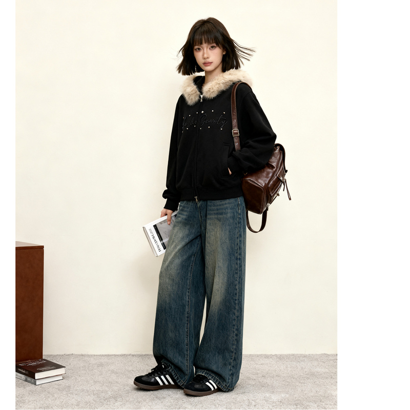 Small Ball American-Style Fur Collar Hooded Sweatshirt for Women with Rivet Embroidery, Zipper Cardigan, Versatile Retro Casual Jacket