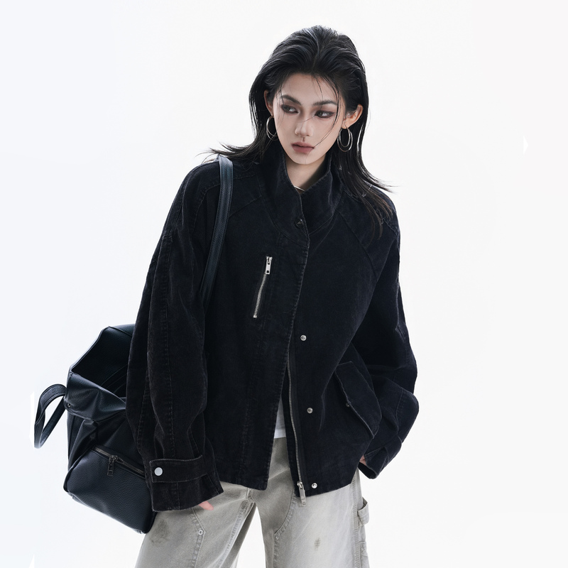 Small Ball American-Style Corduroy Stand-Up Collar Jacket for Women, Loose Workwear Jacket, Retro Trendy Cool Couple Top