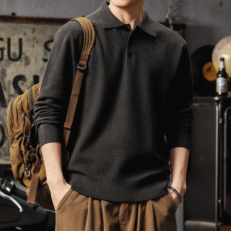 High-End Casual Sweater for Men, Trendy Brand, Solid Color, Loose Fit, Large Size, Polo Shirt, Casual Versatile Turn-Down Collar, Pure Cotton Top