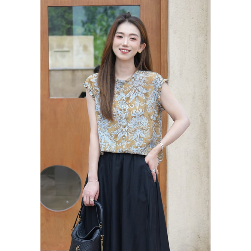 Rh【Bronze Floral Border】New Slimming Patchwork Ruffle Collar Floral Double Crepe Mulberry Silk Shirt Rh806