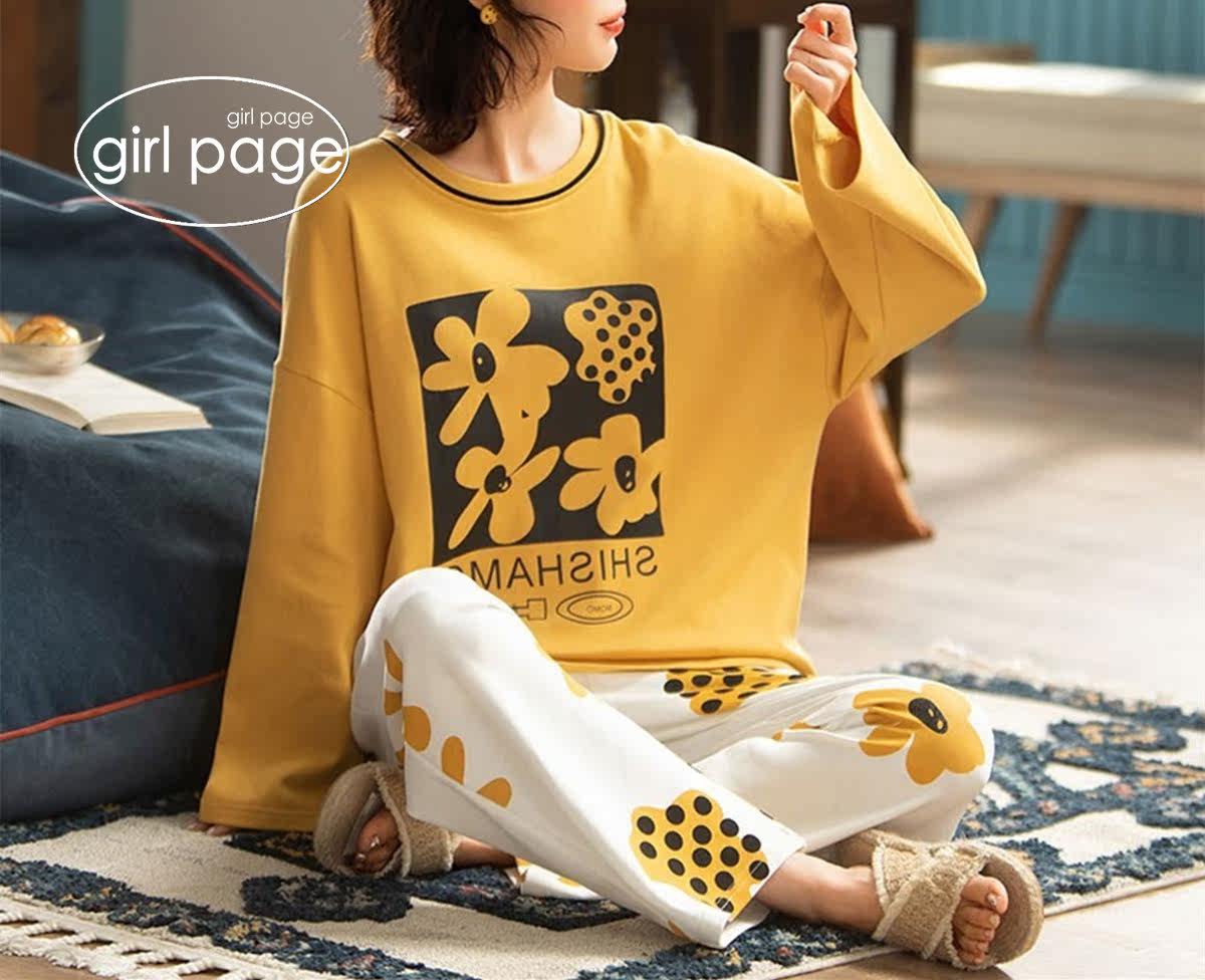 Japanese GP flower print cotton pajamas women's spring and autumn Korean version long-sleeved round neck large size homewear suit