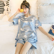 Day Series New Summer Short Sleeves Shorts Silk Ice Silk Sleepwear Womens Thin Covered Head Printed Cartoon Home Suit Suit