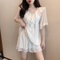 Japanese Sexy Sleepwear Womens Summer With Chest Pads 2021 New Ice Silk Thin CUTE HOME SUIT SUIT