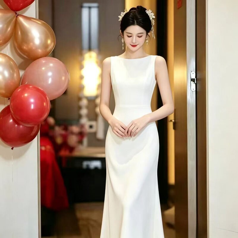 French-Style High-End White Dress with an Elegant Vibe, Suitable for Marriage Registration, Light Wedding Dress, Engagement Dress, and Toast Dress for Women French-Style High-End White Dress with an Elegant Vibe, Suitable for Marriage Registration, Light Wedding Dress, Engagement Dress, and Toast Dress for Women