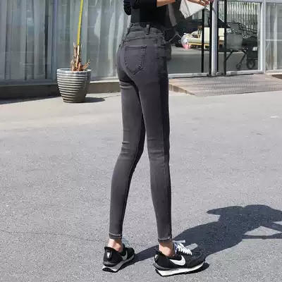 Smoke gray denim ankle-length pants female 2021 spring new high waist tight slim little feet pencil pants Autumn Tide