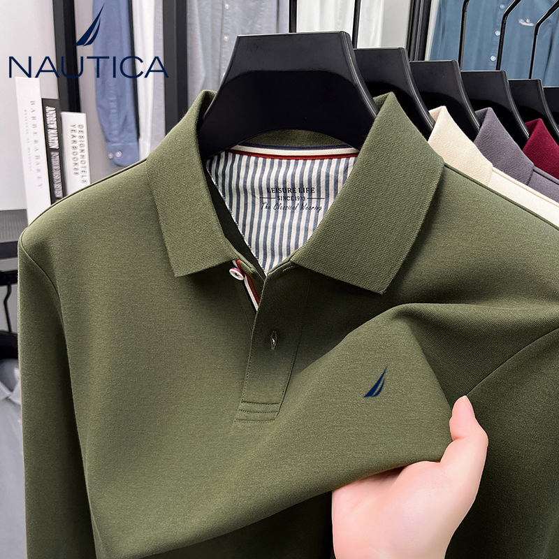 Nautica/Notica Autumn and Winter Men's Long-Sleeved T-Shirt Casual Lapel Pure Color Top Cotton Bottoming Polo Shirt
