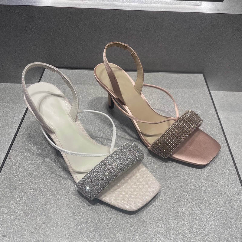 Chtsb&Ksrt2026 New Summer Women's Shoes 60580341 Sparkling Diamond Square Toe Stiletto High Heels Open Toe Women's Sandals