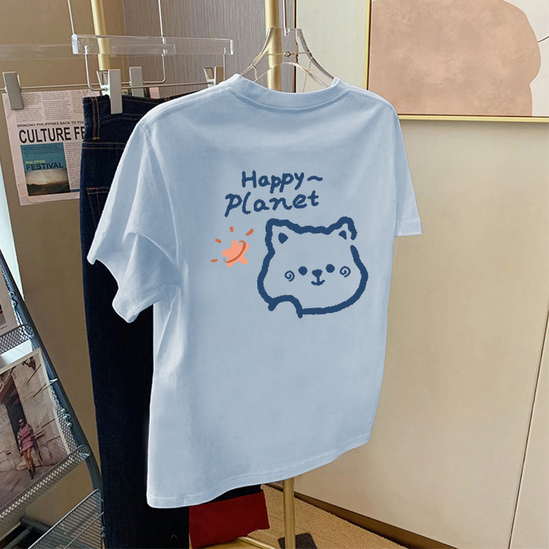 2026 Summer New Style Blue Round Neck Pure Cotton Short-Sleeved T-Shirt for Women, Loose and Versatile, Casual Cartoon Print Top, Trendy