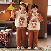 Childrens pajamas coral velvet flannel girls boys autumn and winter plus velvet thickened boys baby home clothes